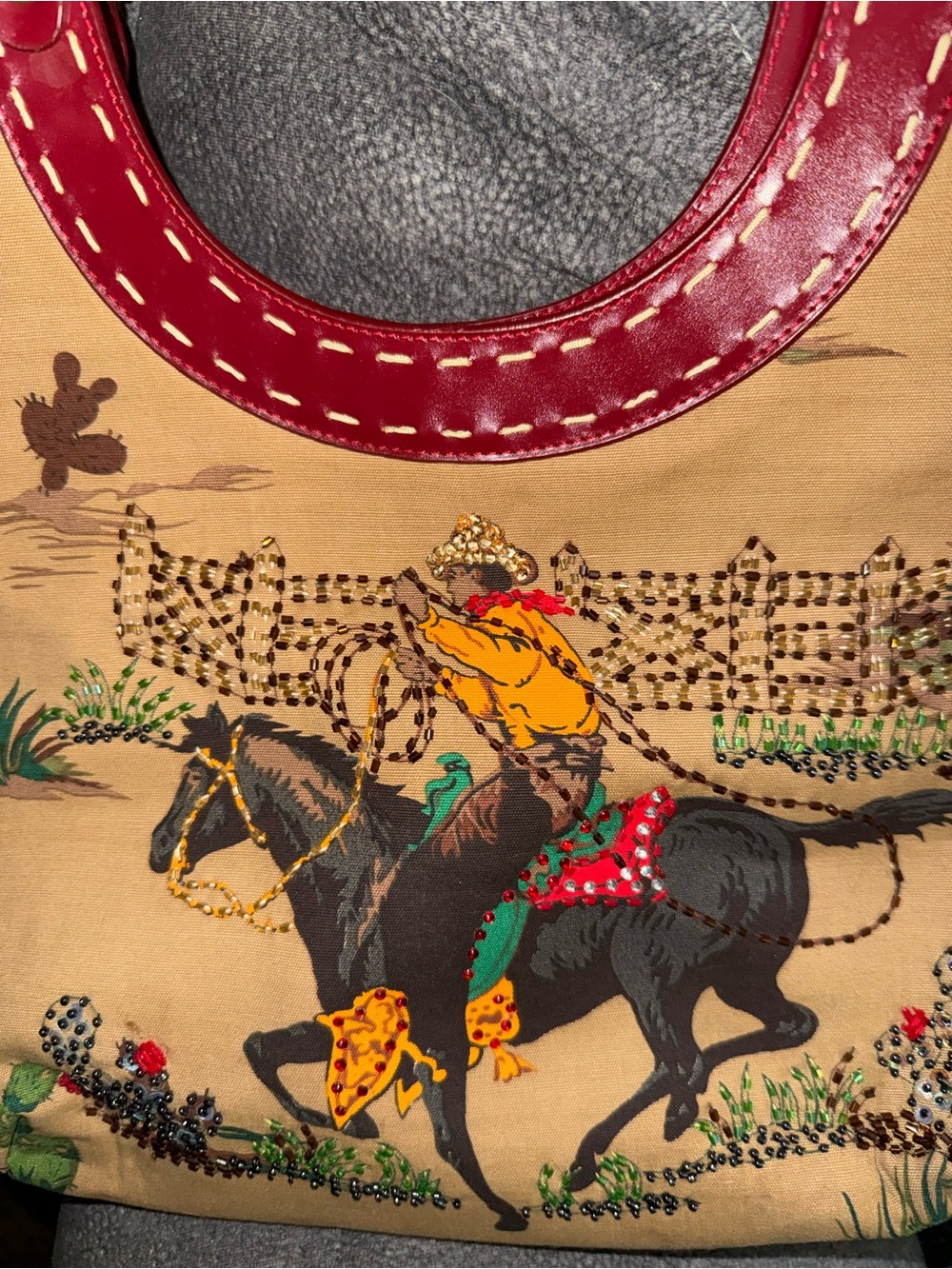 Embroidered Western Tote Shoulder Bag in Red and Tan - Picture 2 of 6